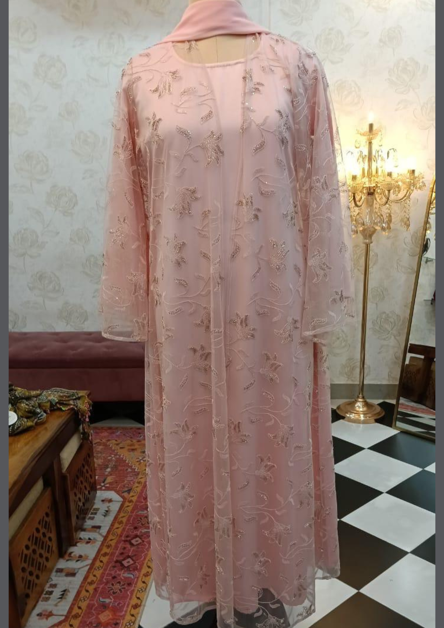 Party wear net embroidered pink Shrug Abaya